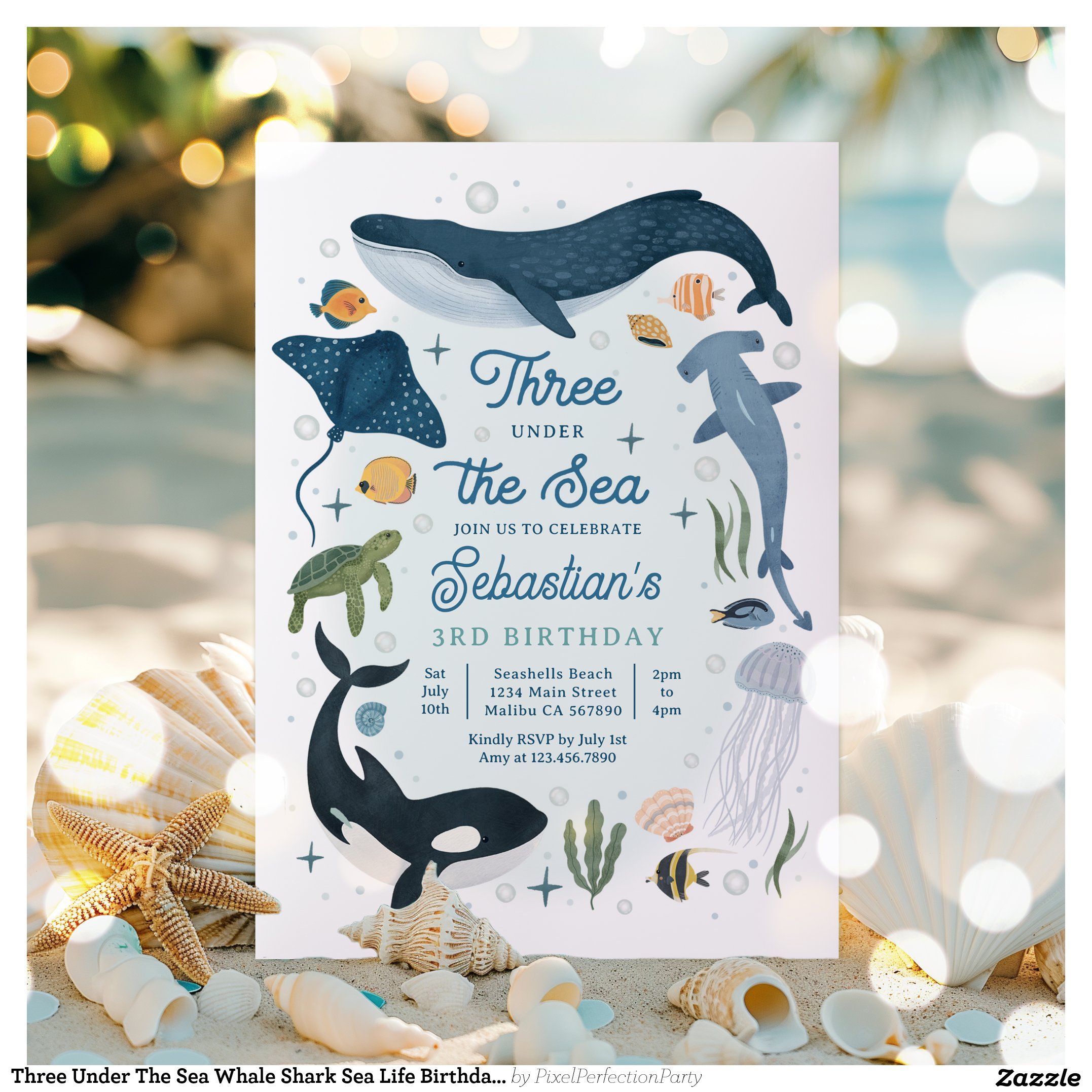 Three Under The Sea Whale Shark Sea Life Birthday Invitation