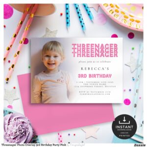 Threenager Photo Overlay 3rd Birthday Party Pink Invitation