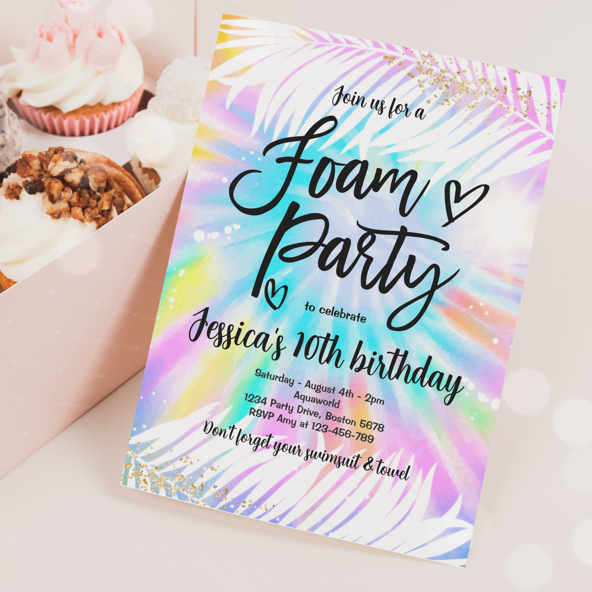 Tie Dye Foam Birthday Party Summer Pool Party Invitation