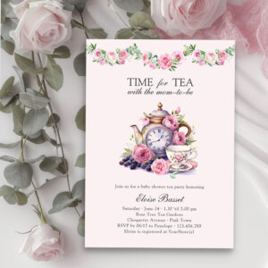Time for Tea with Mom-to-Be Pink Baby Shower Invitation