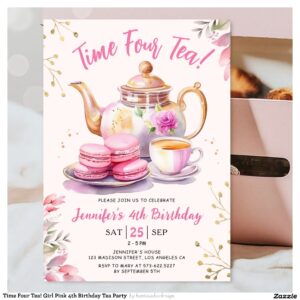 Time Four Tea! Girl Pink 4th Birthday Tea Party Invitation
