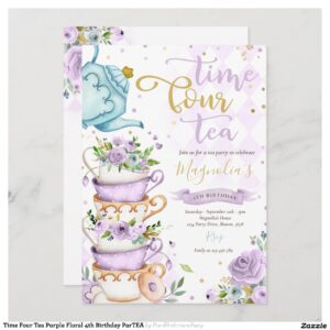 Time Four Tea Purple Floral 4th Birthday ParTEA Invitation