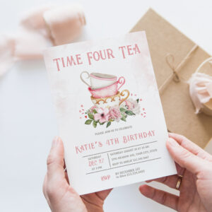 Time Four Tea Teacups Theme Birthday Invitation