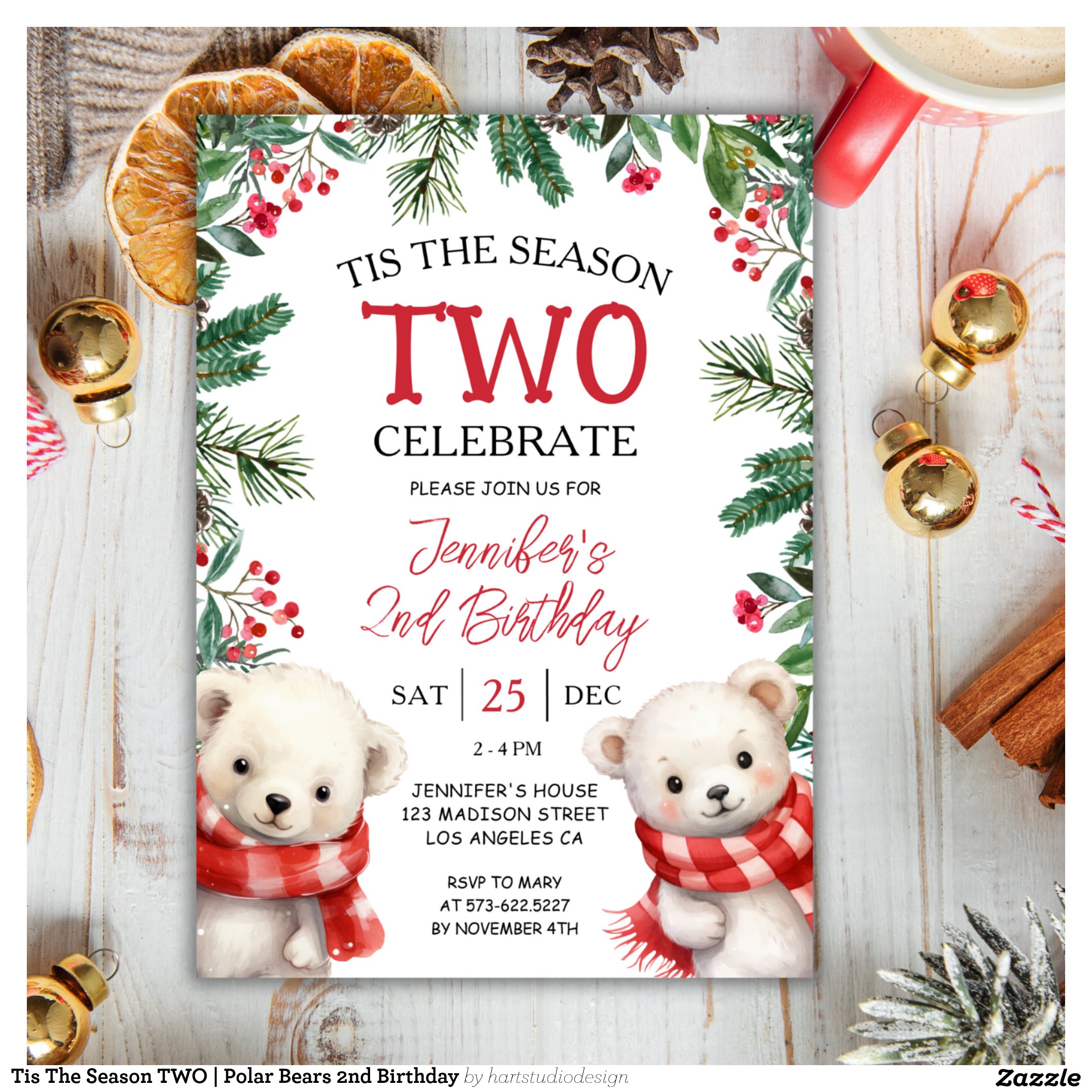 Tis The Season TWO Polar Bears 2nd Birthday Invitation