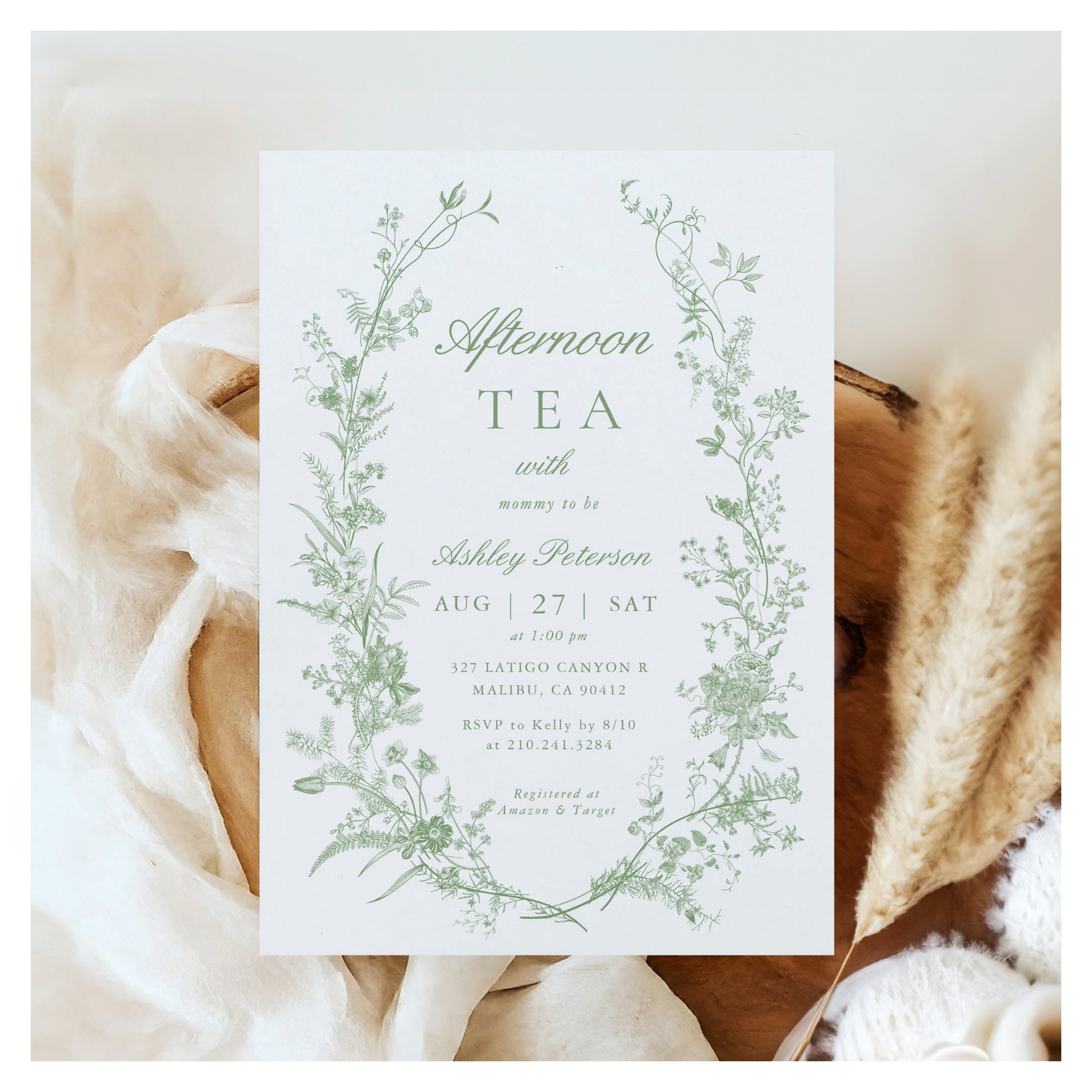 Toile Sage Green Afternoon Tea Party Baby Shower Invitation