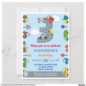 Transportations 3rd Birthday Party Invitation