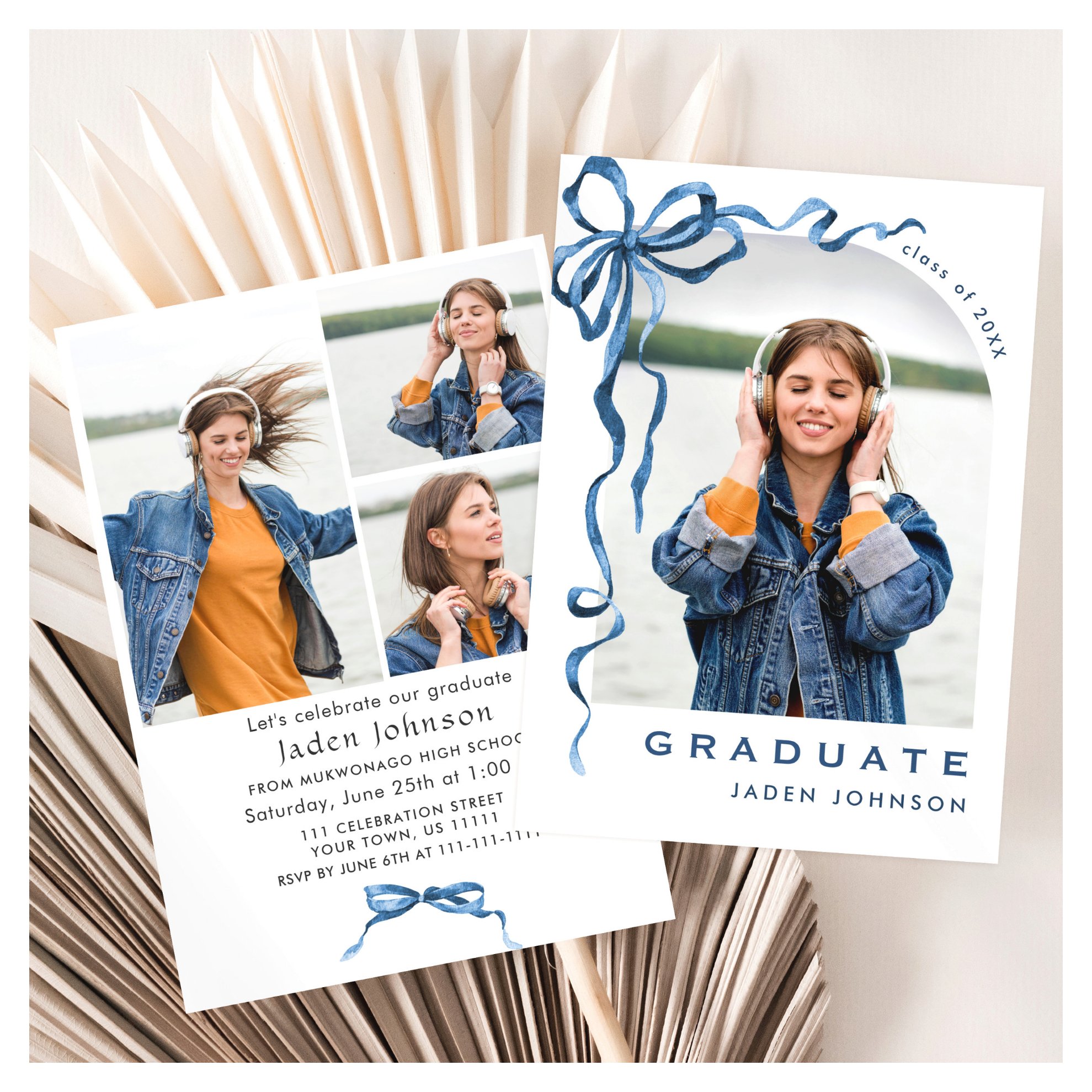 Trendy Blue Bow Ribbon 4 PHOTO Graduation Party Invitation