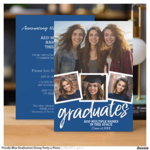 Trendy Blue Graduation Group Party 4 Photo Invitation