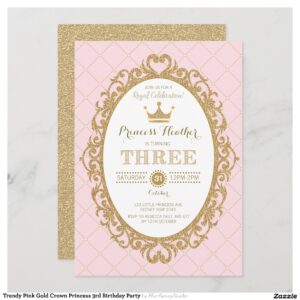 Trendy Pink Gold Crown Princess 3rd Birthday Party Invitation