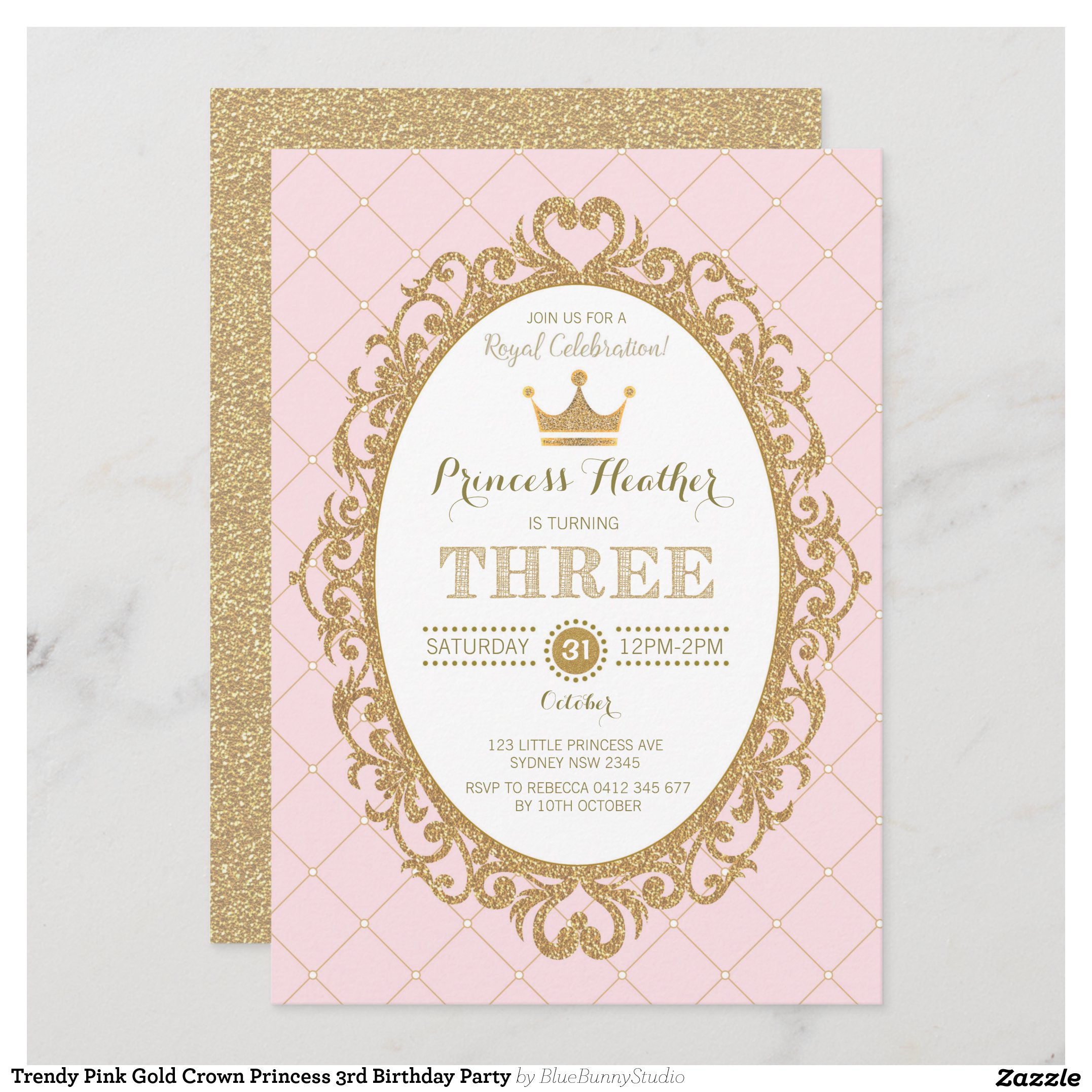 Trendy Pink Gold Crown Princess 3rd Birthday Party Invitation