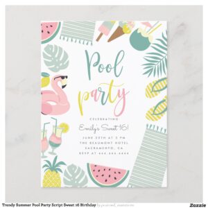 Trendy Summer Pool Party Script Sweet 16 Birthday Invitation Postcard