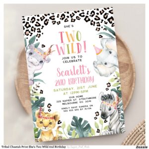 Tribal Cheetah Print She's Two Wild 2nd Birthday Invitation