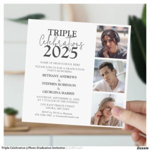 Triple Celebration 3 Photo Graduation Invitation