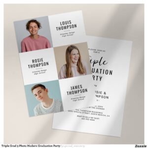 Triple Grad 3 Photo Modern Graduation Party Invitation