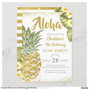 Tropical Aloha Green Gold Pineapple Birthday Invitation