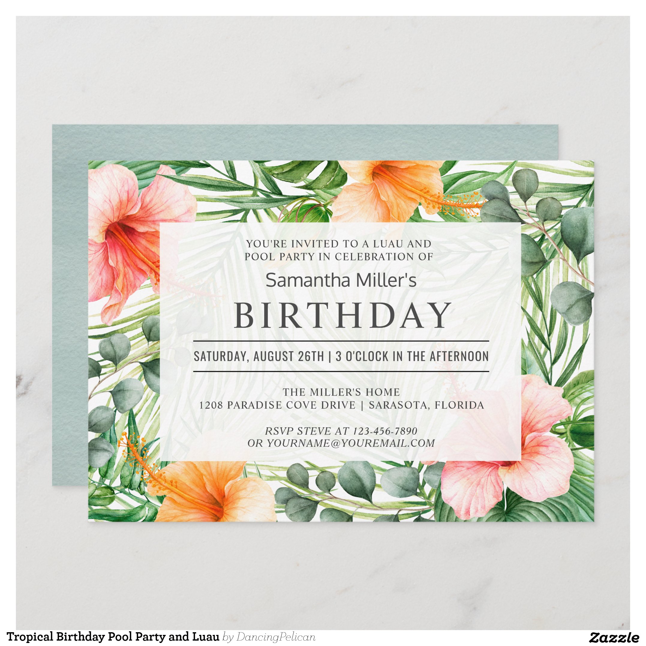 Tropical Birthday Pool Party and Luau Invitation