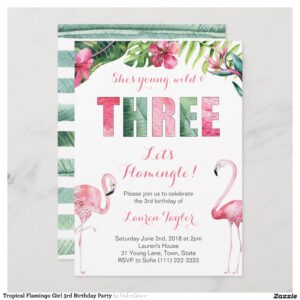 Tropical Flamingo Girl 3rd Birthday Party Invitation