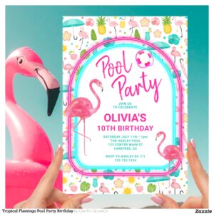 Tropical Flamingo Pool Party Birthday Invitation