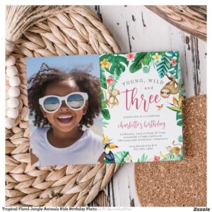 Tropical Floral Jungle Animals Kids Birthday Photo Invitation
