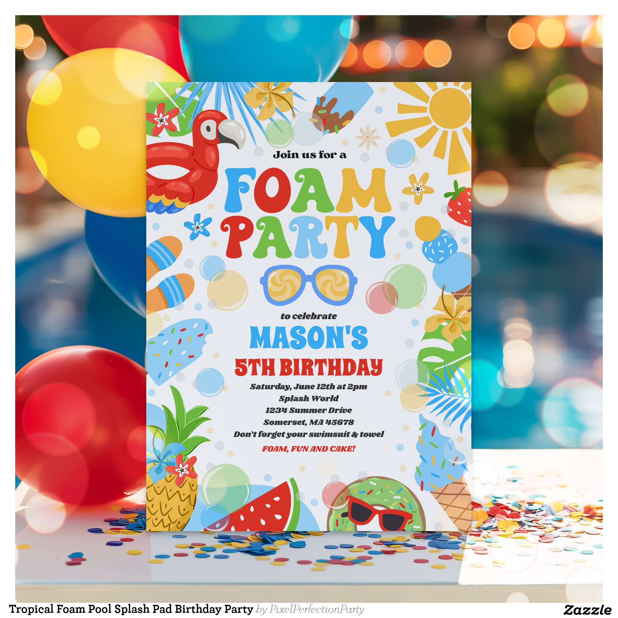 Tropical Foam Pool Splash Pad Birthday Party Invitation