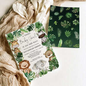 Tropical Jungle Safari Animals Girl Baby Shower Invitation