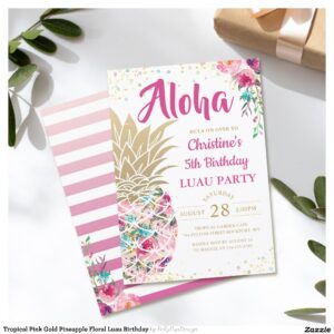 Tropical Pink Gold Pineapple Floral Luau Birthday Invitation