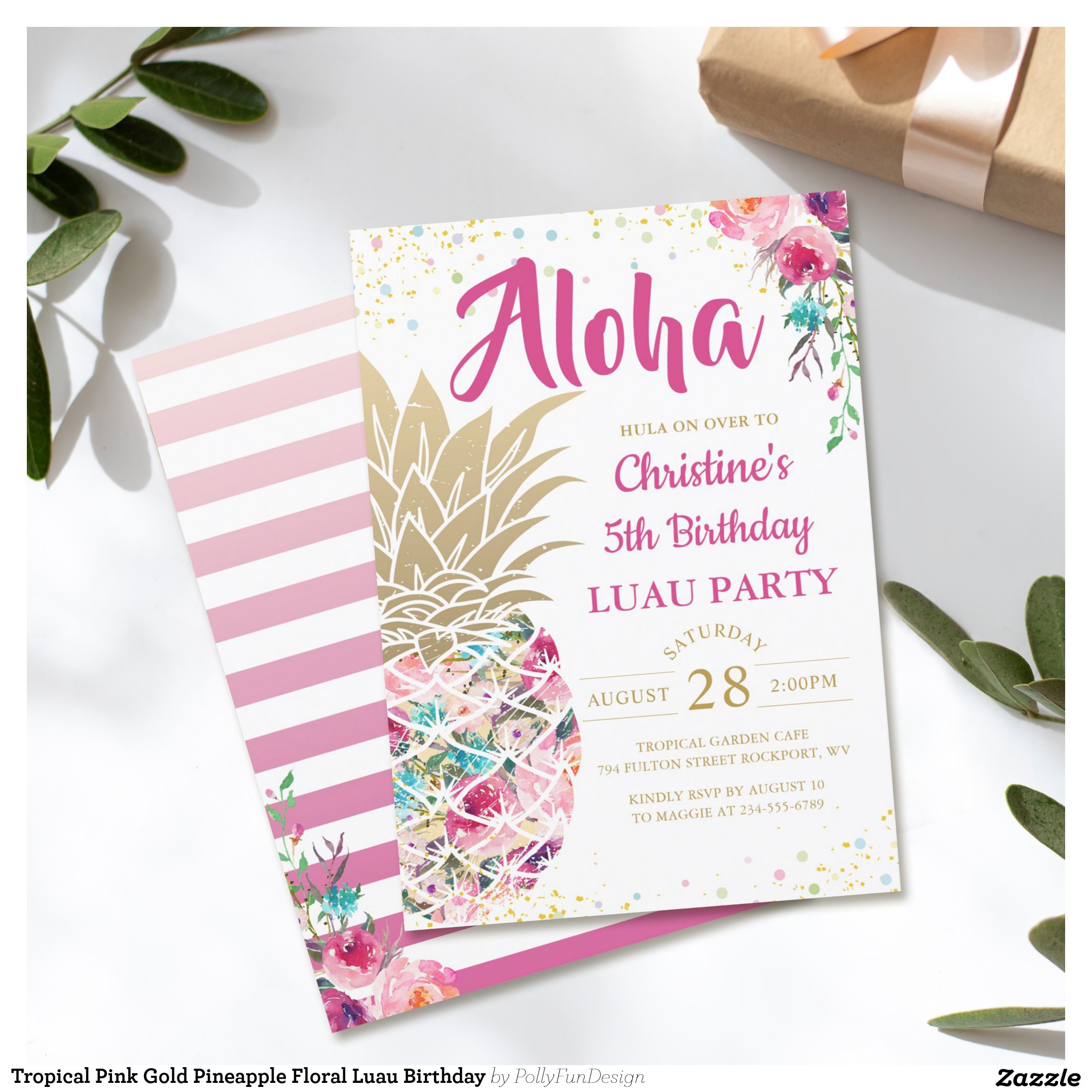 Tropical Pink Gold Pineapple Floral Luau Birthday Invitation