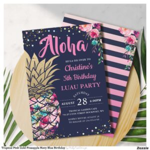Tropical Pink Gold Pineapple Navy Blue Birthday Invitation