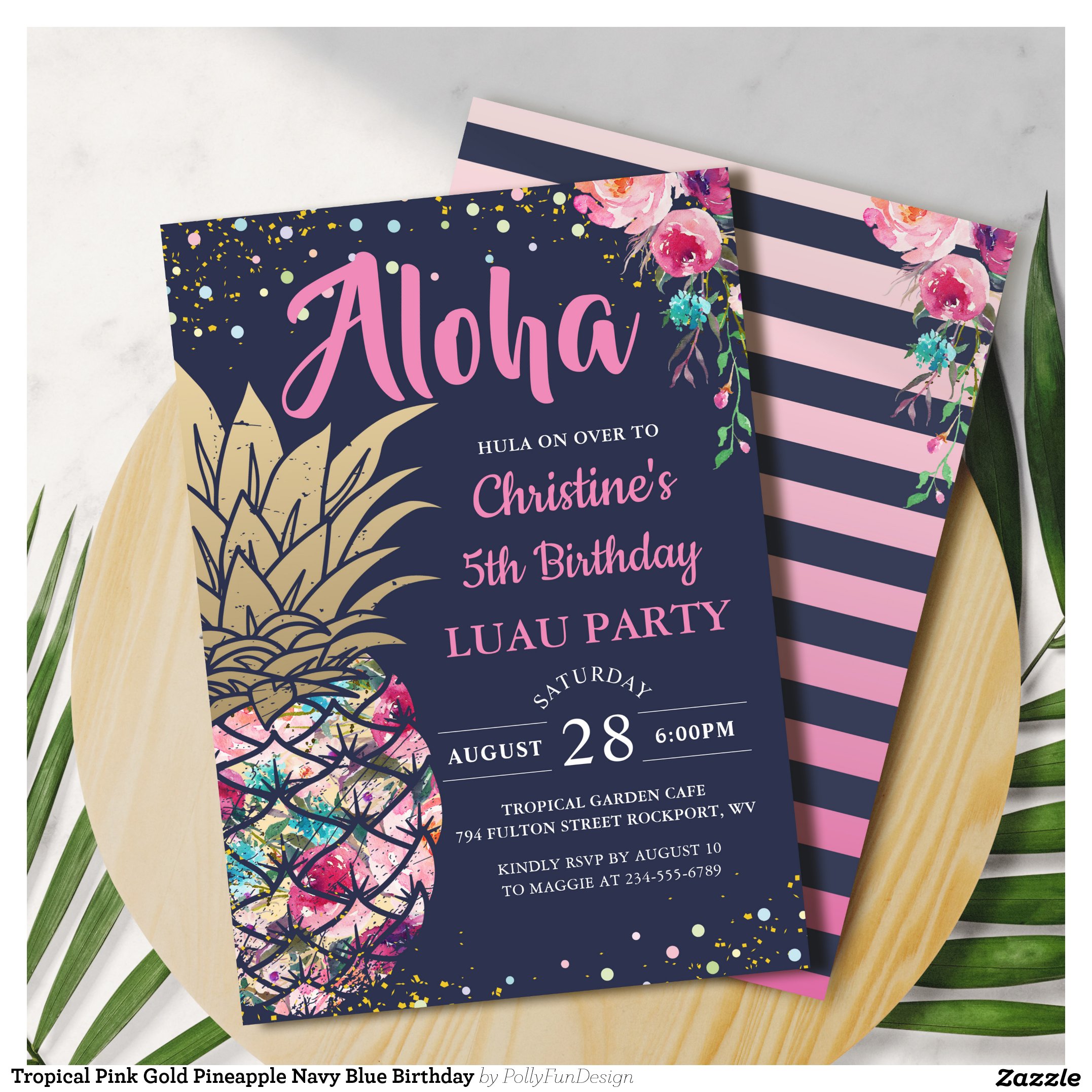 Tropical Pink Gold Pineapple Navy Blue Birthday Invitation