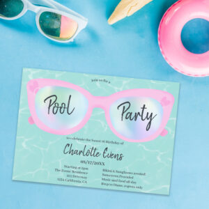 Tropical pool party holographic glasses Sweet 16 Invitation
