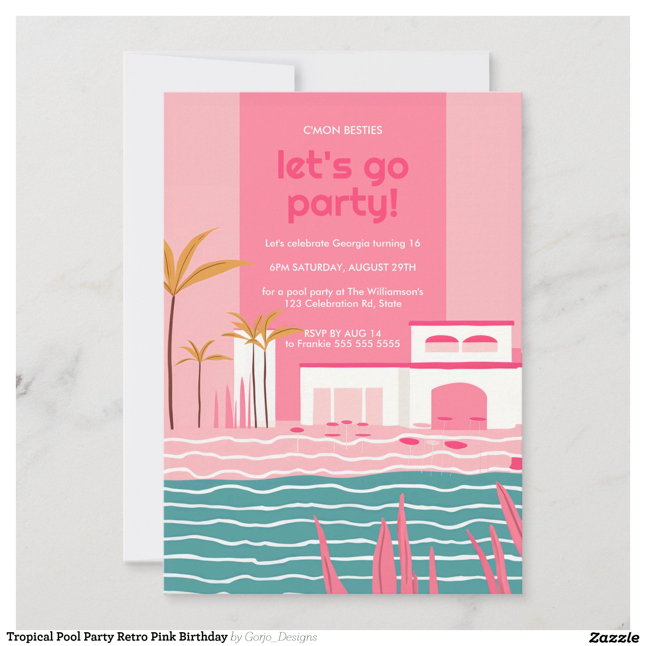 Tropical Pool Party Retro Pink Birthday Invitation