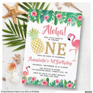Tropical Summer Beach Luau Girls 1st Birthday Invitation