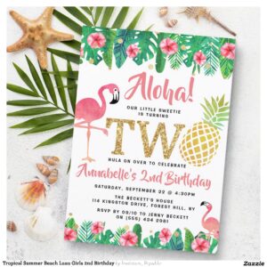 Tropical Summer Beach Luau Girls 2nd Birthday Invitation