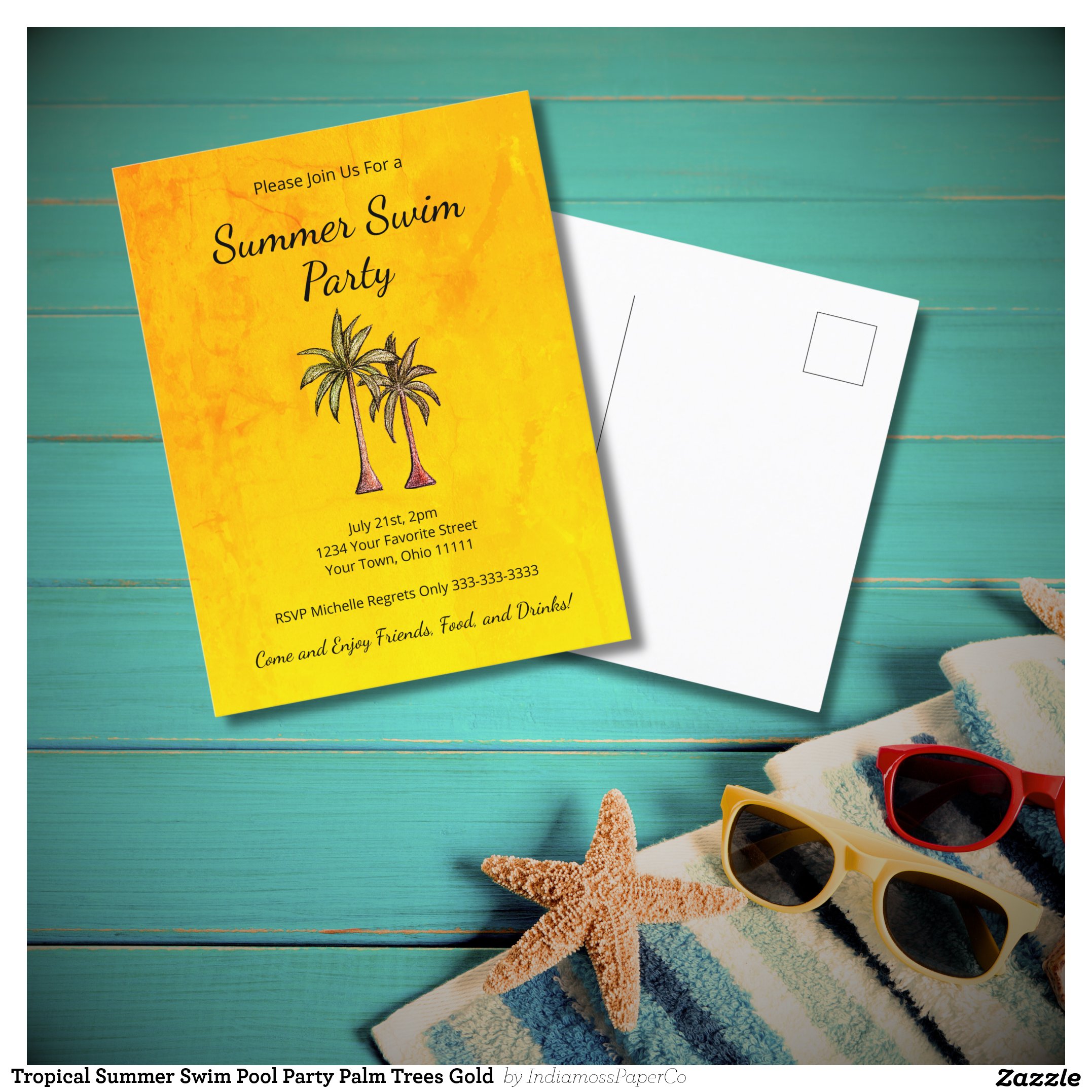 Tropical Summer Swim Pool Party Palm Trees Gold Invitation Postcard