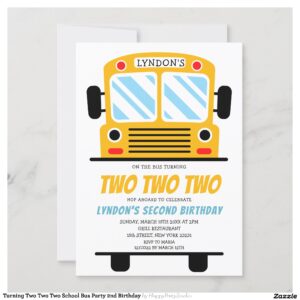 Turning Two Two Two School Bus Party 2nd Birthday Invitation