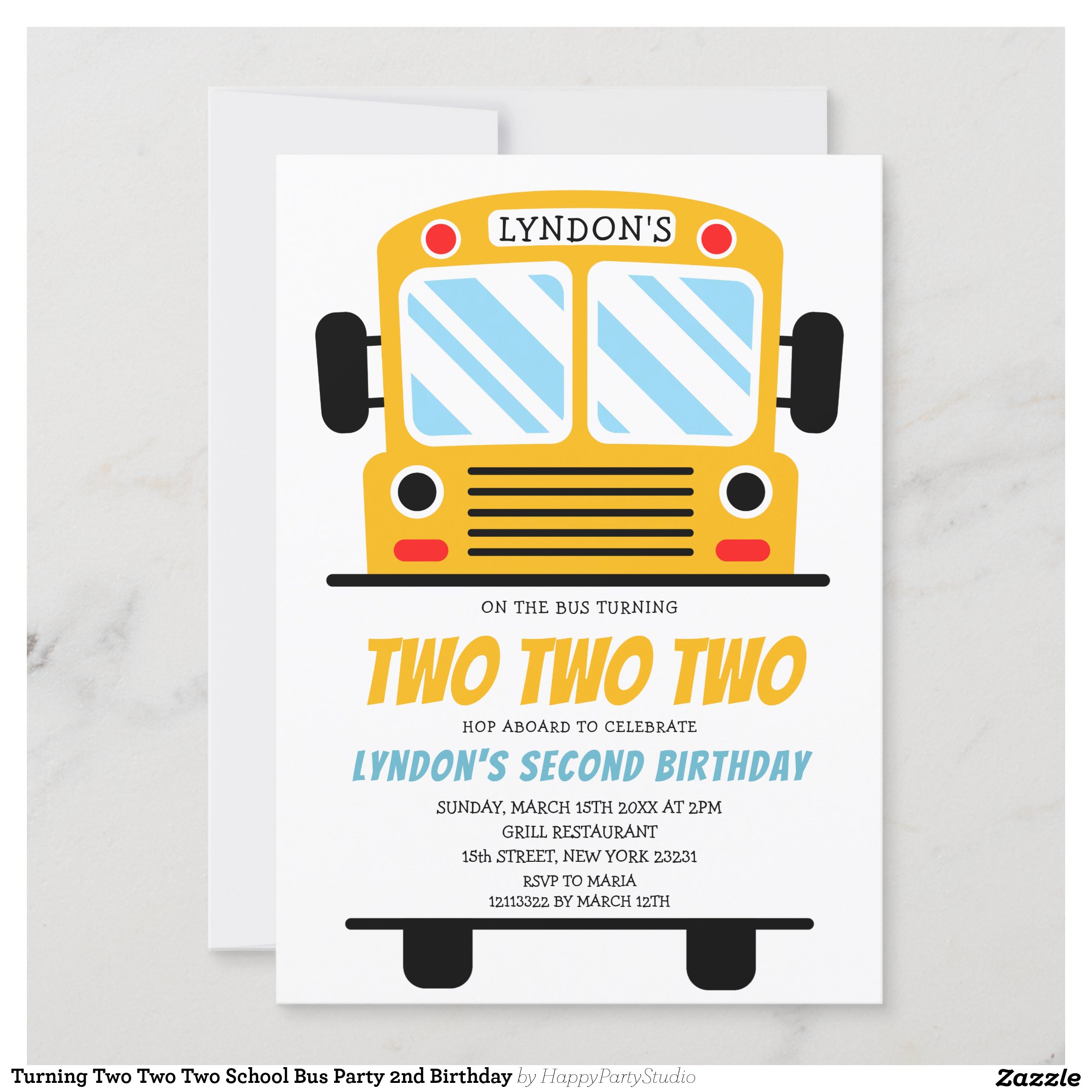 Turning Two Two Two School Bus Party 2nd Birthday Invitation
