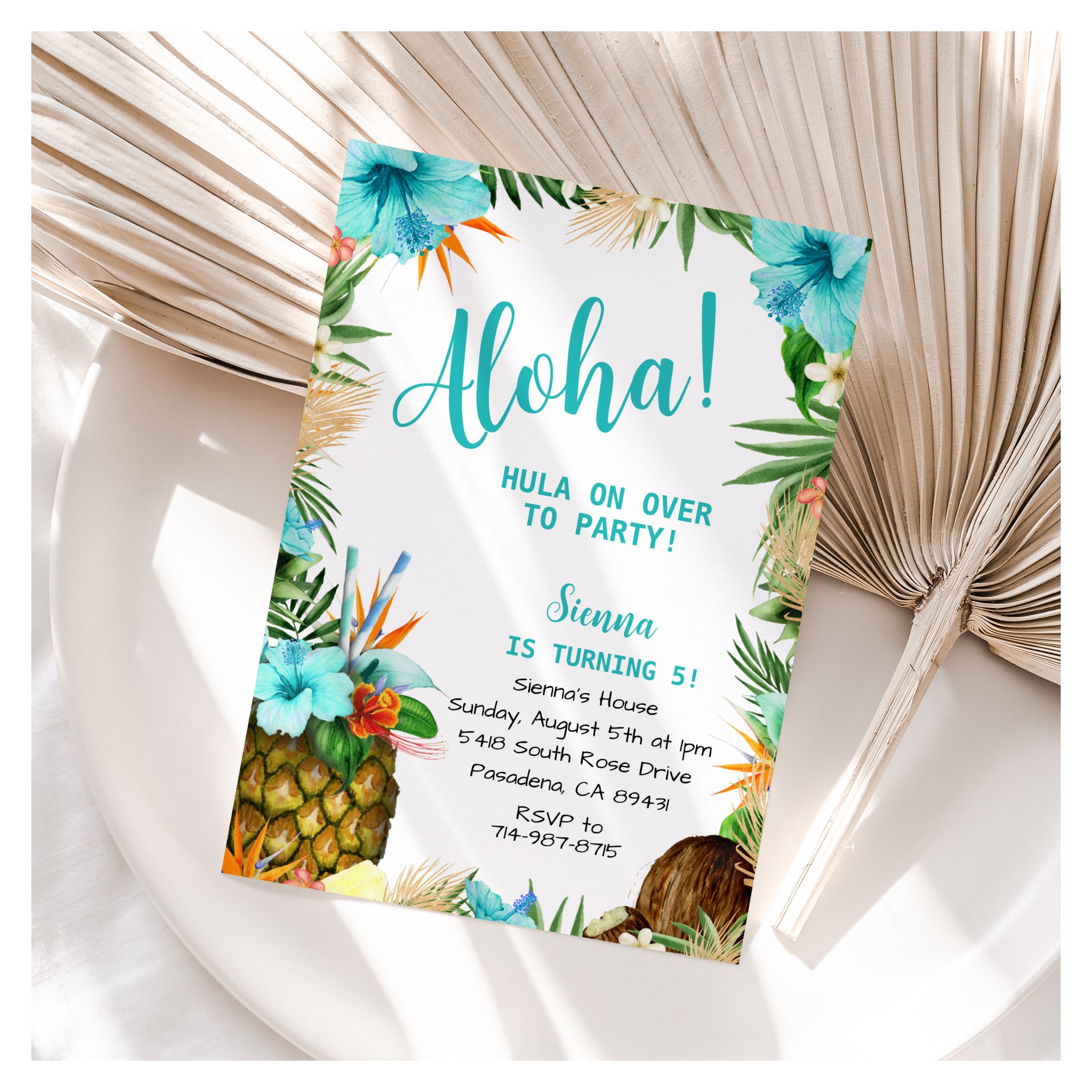 Turquoise Aloha Birthday, Hawaiian Luau Tropical Invitation