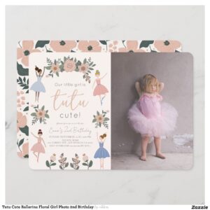 Tutu Cute Ballerina Floral Girl Photo 2nd Birthday Invitation