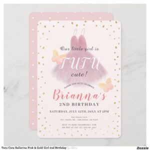 Tutu Cute Ballerina Pink & Gold Girl 2nd Birthday Invitation