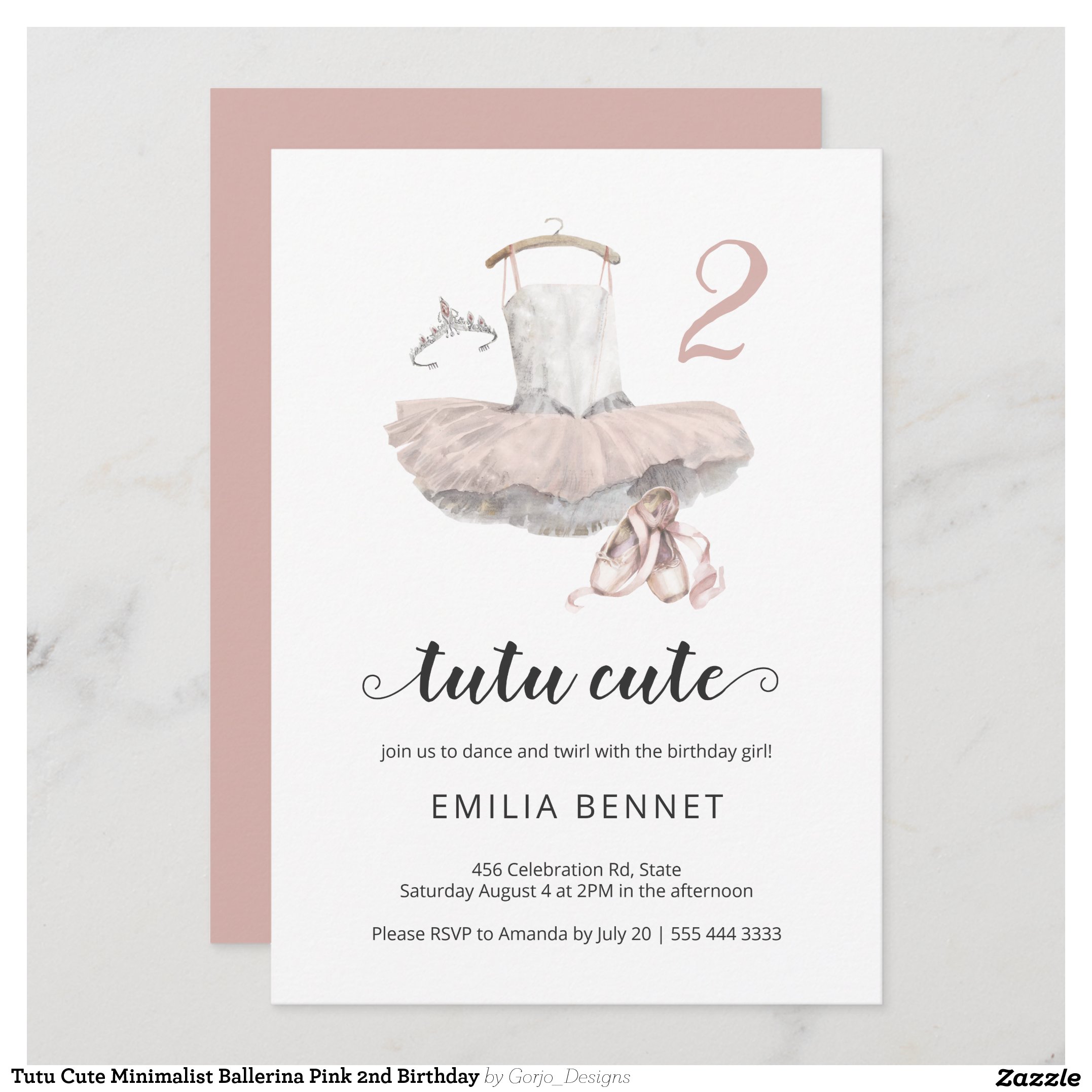 Tutu Cute Minimalist Ballerina Pink 2nd Birthday Invitation