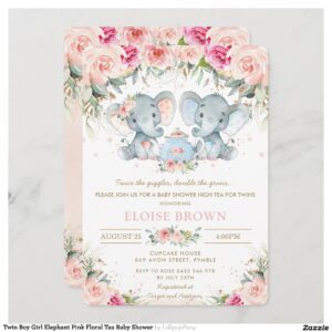 Twin Boy Girl Elephant Pink Floral Tea Baby Shower Invitation