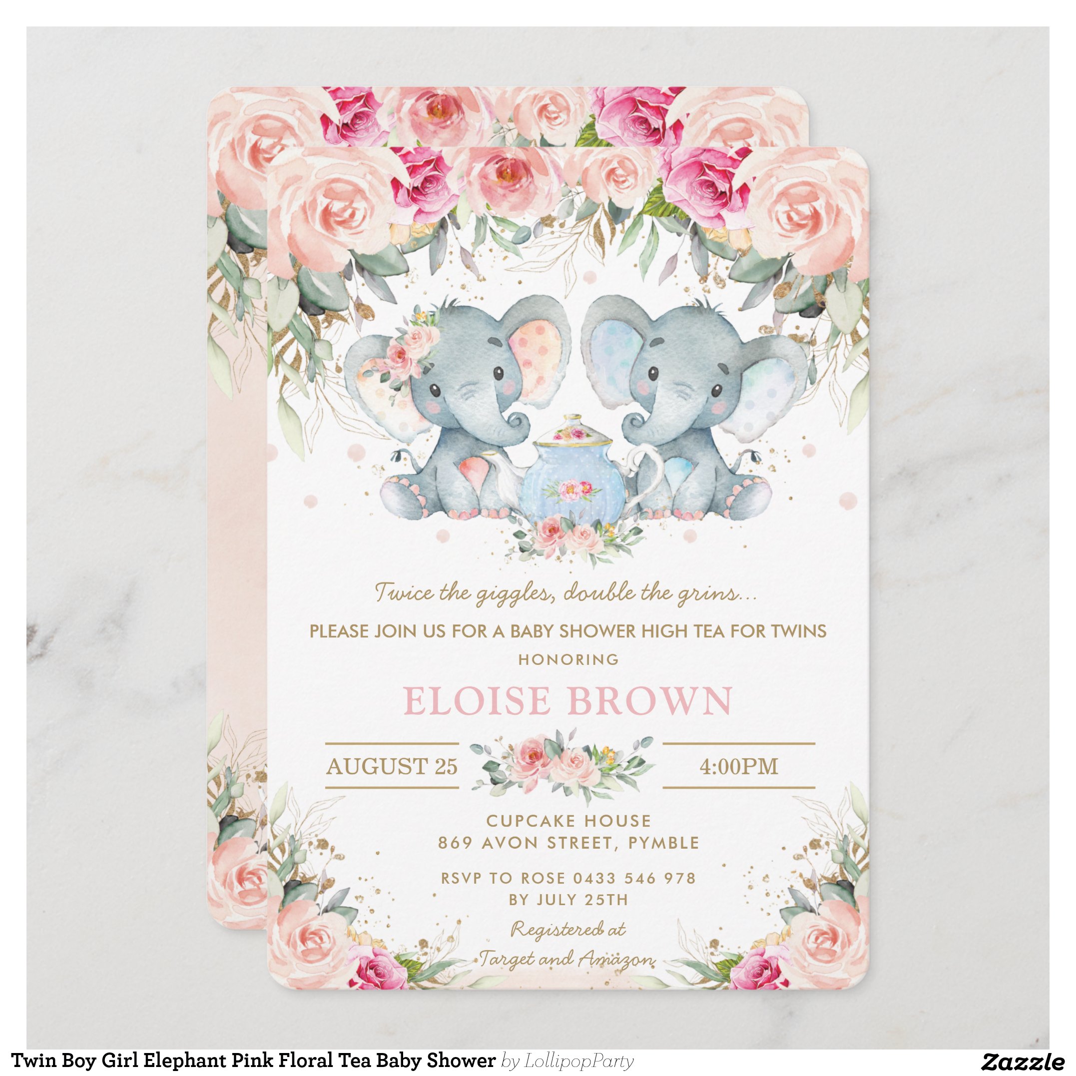 Twin Boy Girl Elephant Pink Floral Tea Baby Shower Invitation