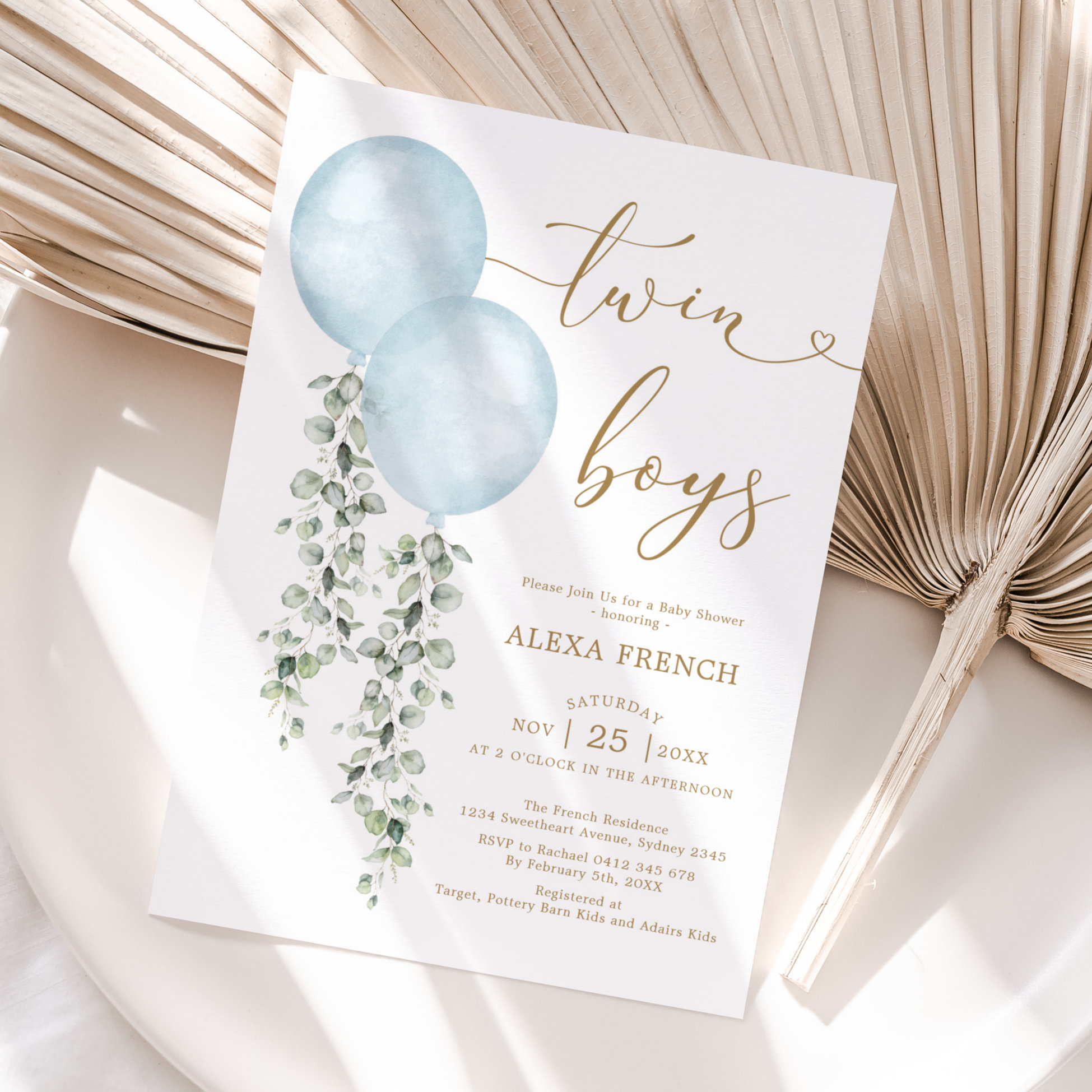 Twin Boys Dusty Blue Balloon Greenery Baby Shower Invitation