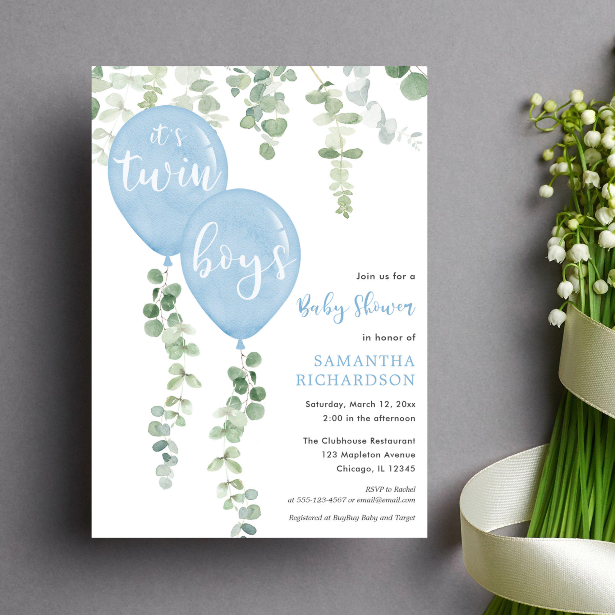 Twin boys eucalyptus blue balloons baby shower invitation