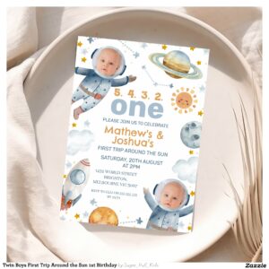 Twin Boys First Trip Around the Sun 1st Birthday Invitation