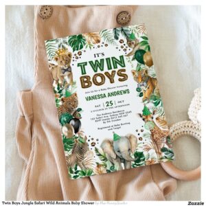 Twin Boys Jungle Safari Wild Animals Baby Shower Invitation
