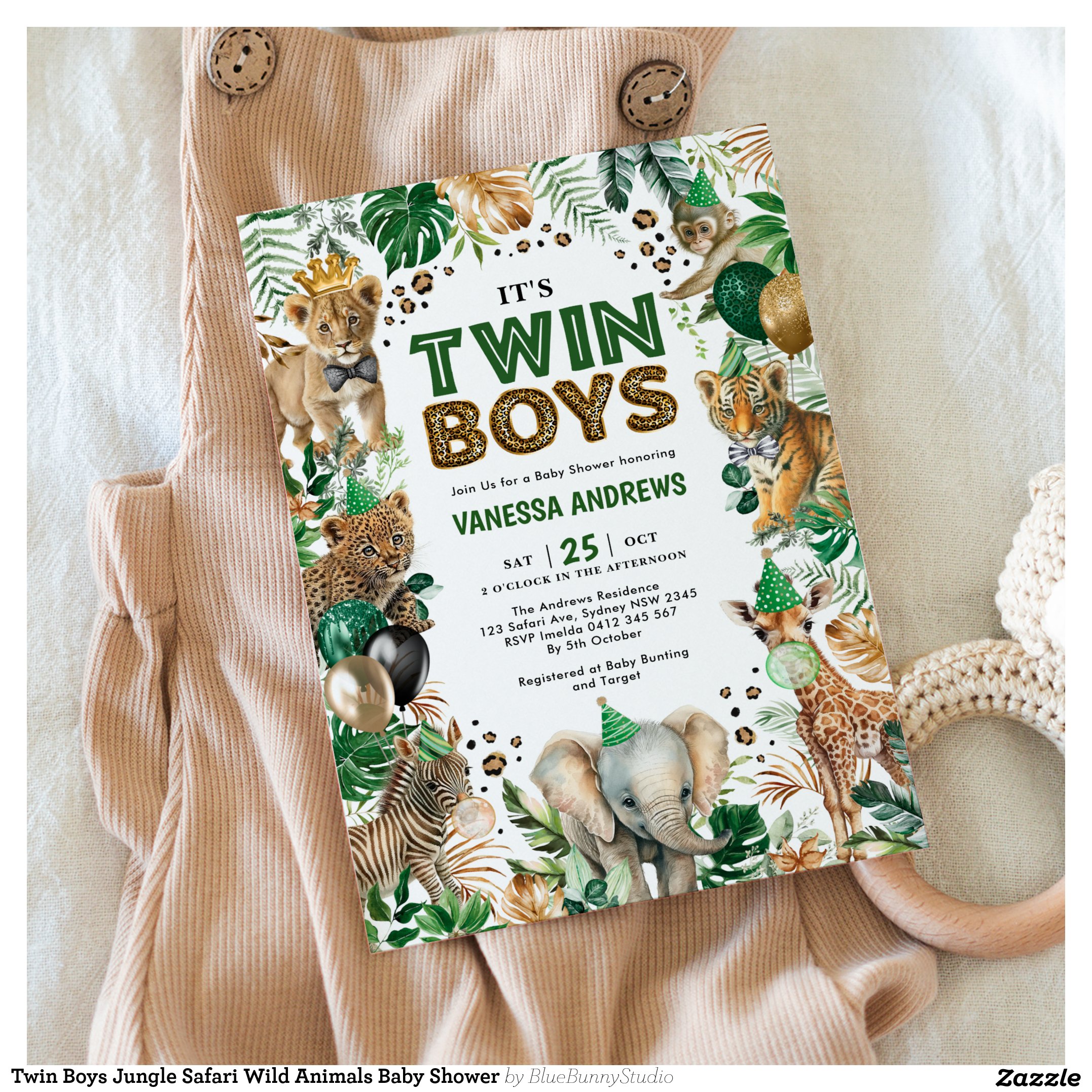 Twin Boys Jungle Safari Wild Animals Baby Shower Invitation