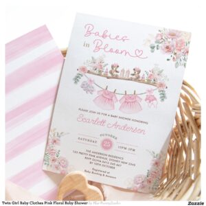 Twin Girl Baby Clothes Pink Floral Baby Shower Invitation