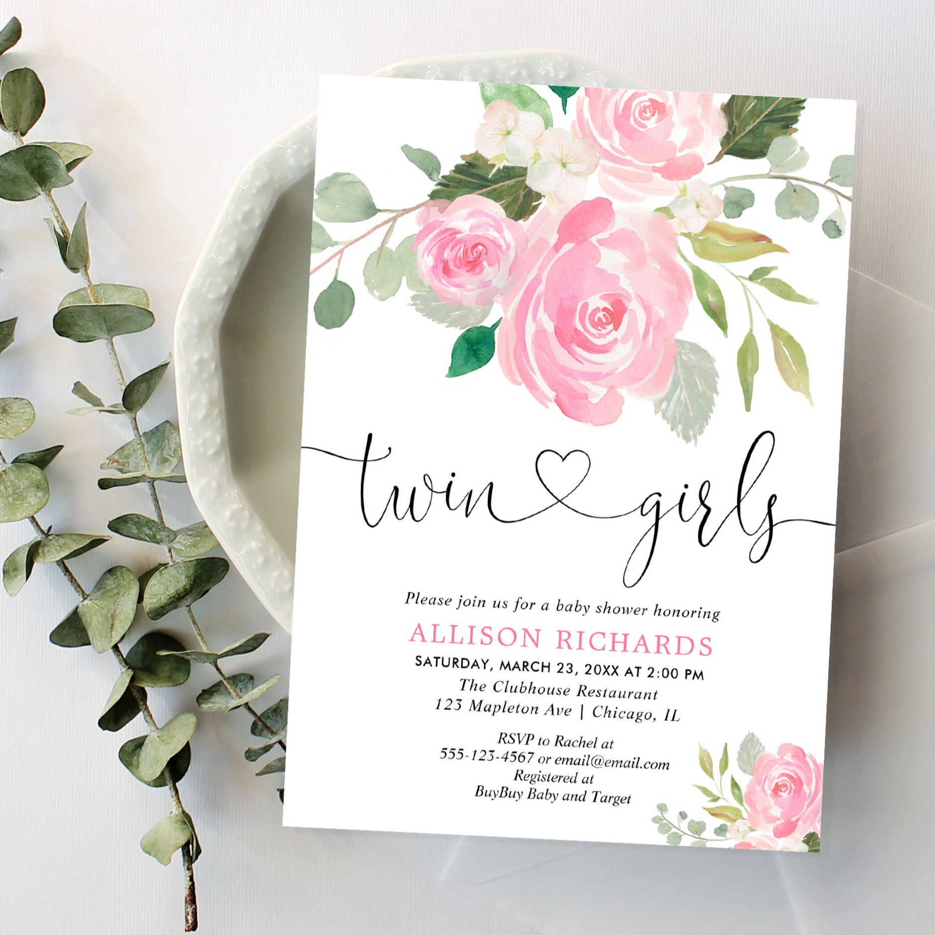 Twin girls baby shower blush pink green floral invitation