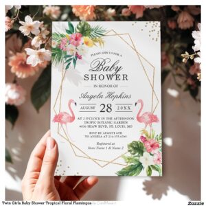 Twin Girls Baby Shower Tropical Floral Flamingos Invitation
